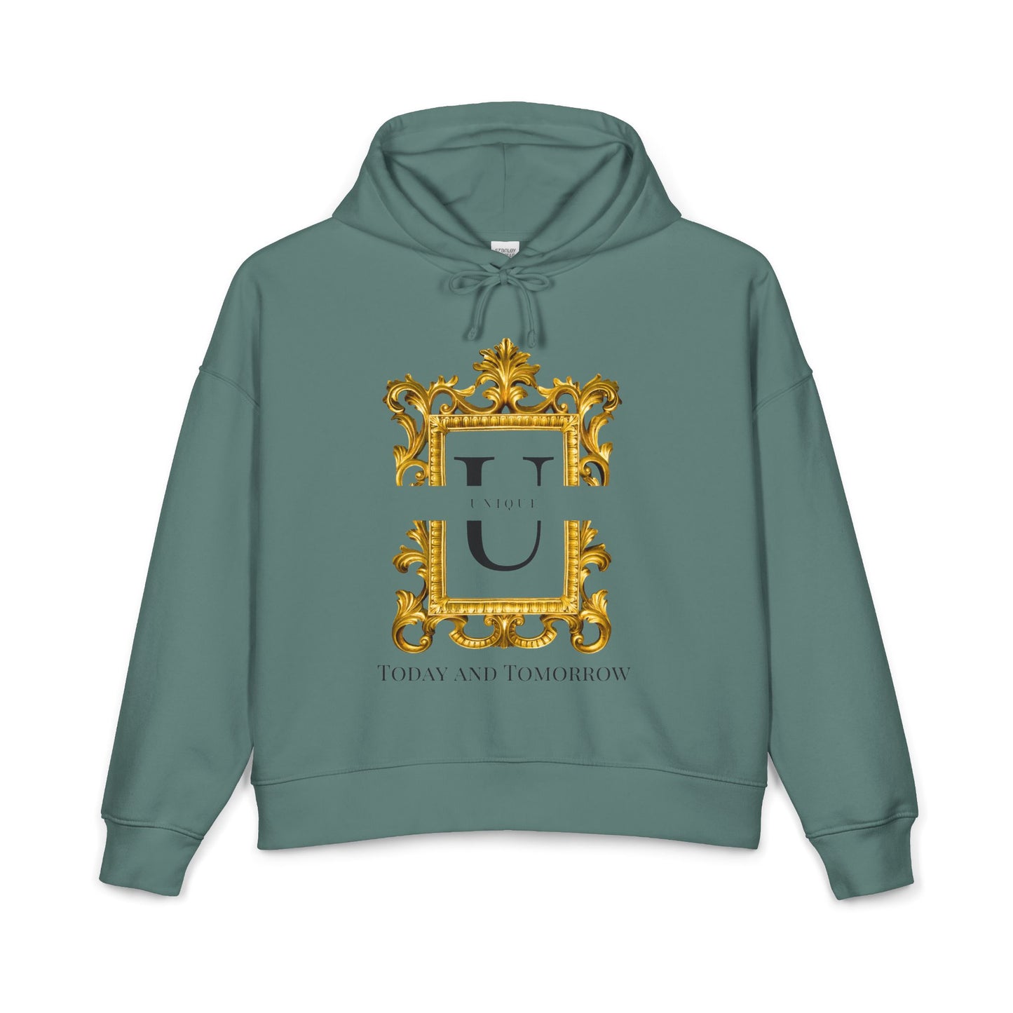 Nora Gold Monogram Hoodie — 'U' Crest with "Today and Tomorrow"