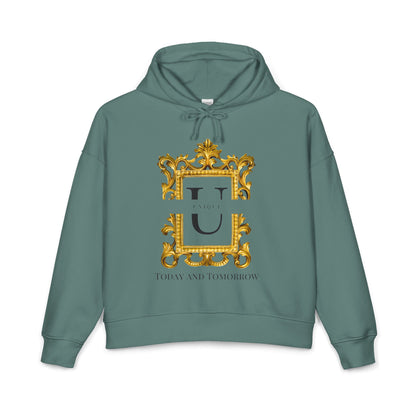 Nora Gold Monogram Hoodie — 'U' Crest with "Today and Tomorrow"