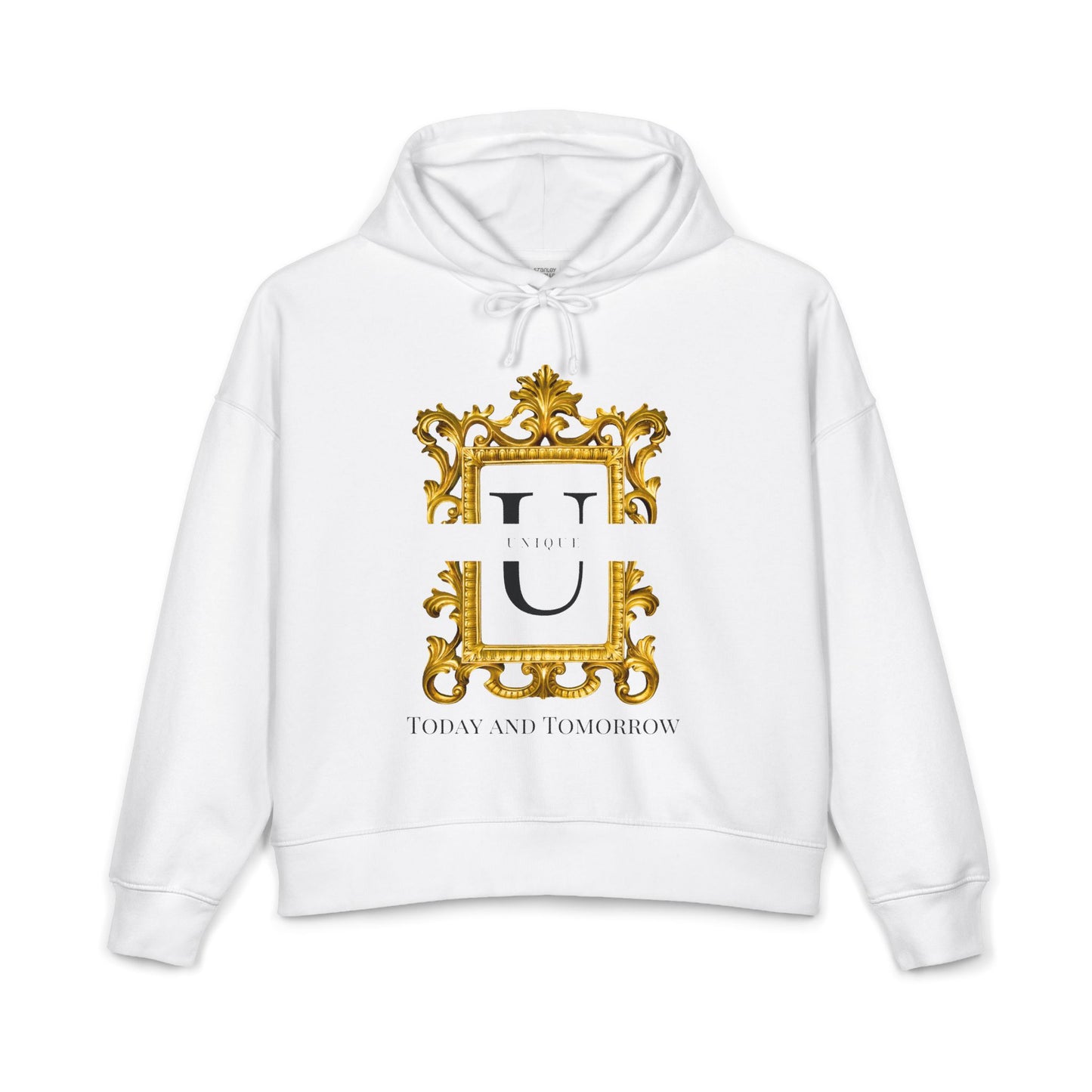 Nora Gold Monogram Hoodie — 'U' Crest with "Today and Tomorrow"